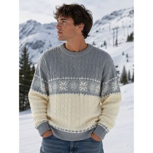 Nordic Cable Knit Snowflake Ski Sweater Gray XL Fisherman Steep Slopes